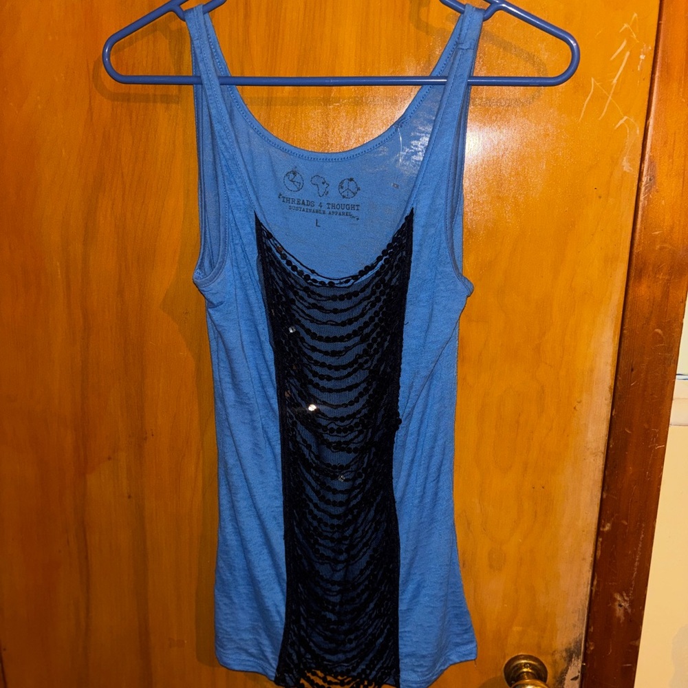 Threads 4 Thought Blue Tank Top with Black Design